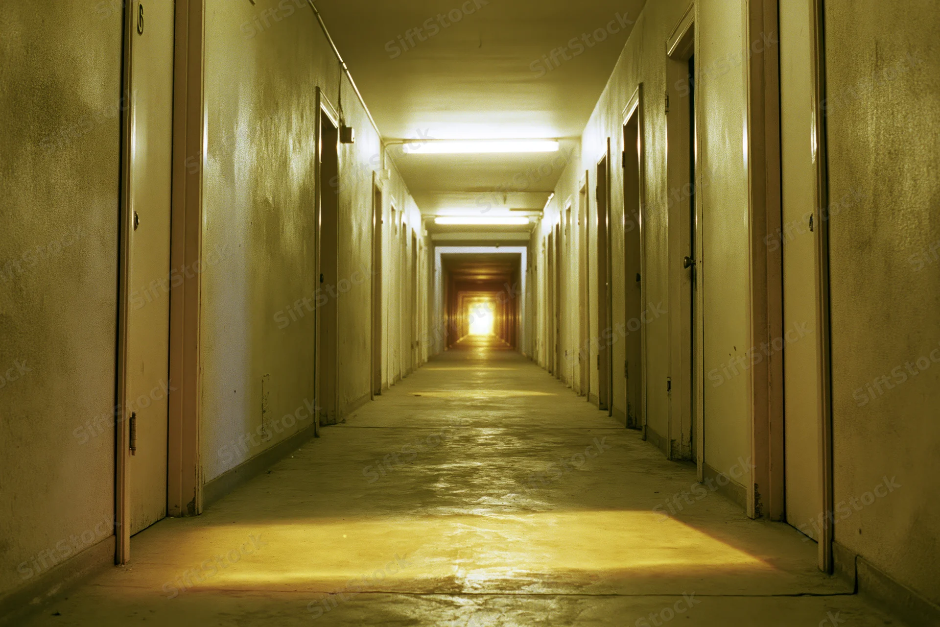 Long narrow institutional hallway receding toward a dim glow with fluorescent lights and doors on both sides