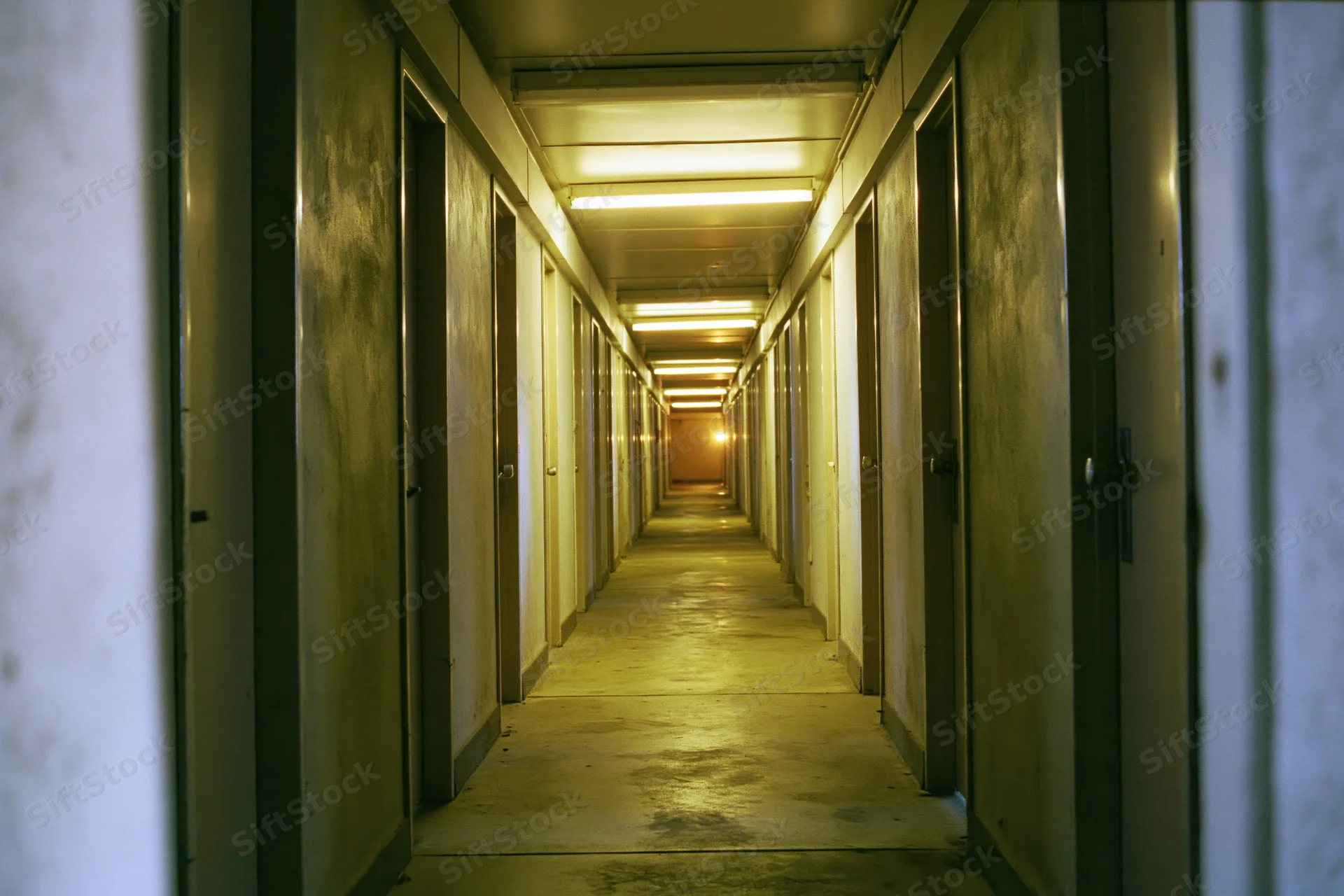 Long narrow institutional hallway receding toward a dim glow with fluorescent lighting and doors on both sides