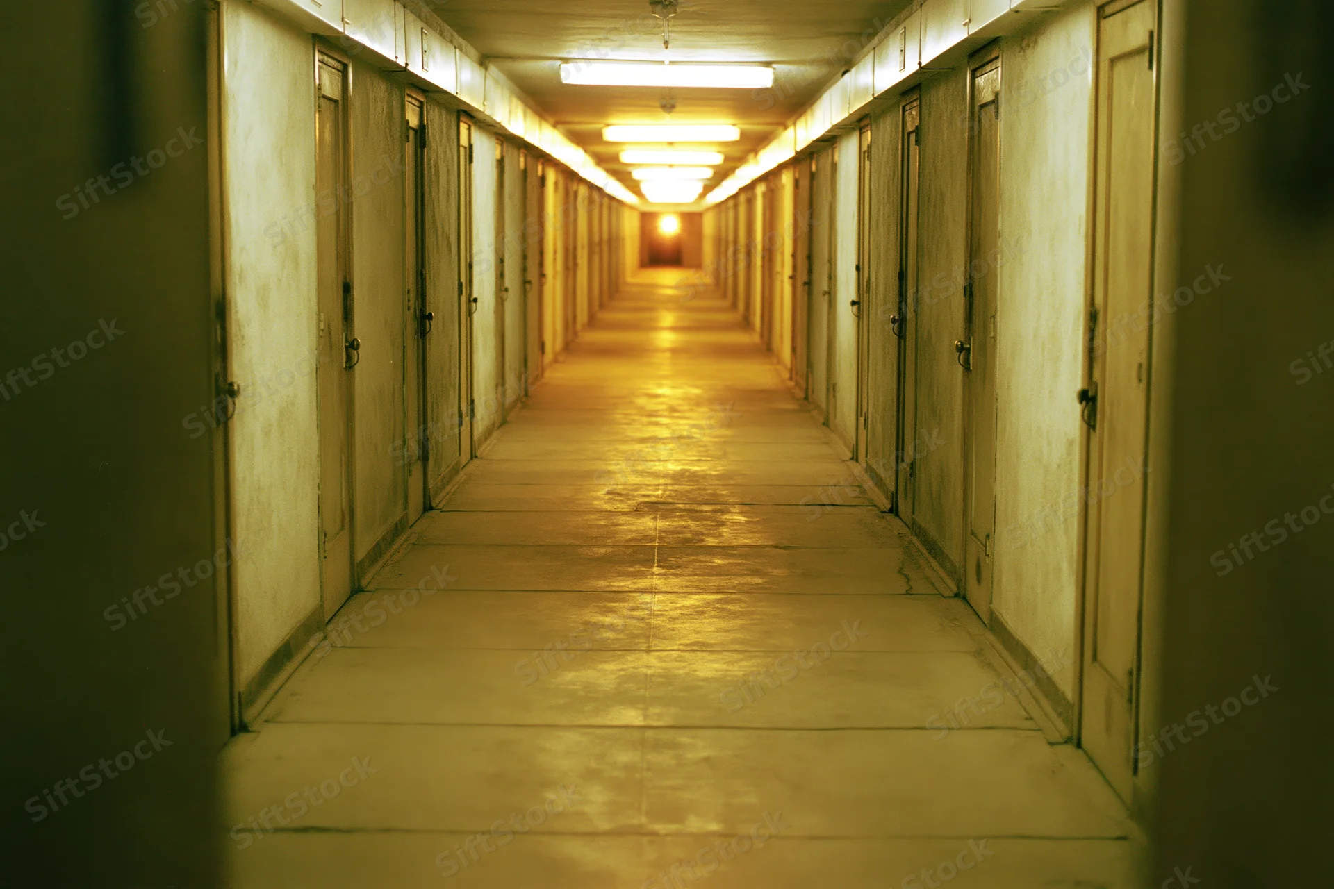 Long narrow institutional hallway receding toward a dim glow with fluorescent lighting and doors on both sides