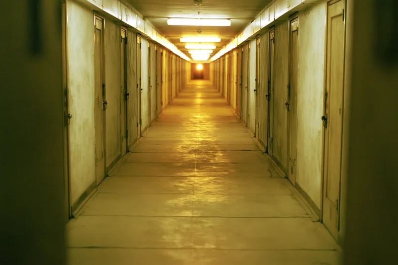 Long narrow institutional hallway receding toward a dim glow with fluorescent lighting and doors on both sides