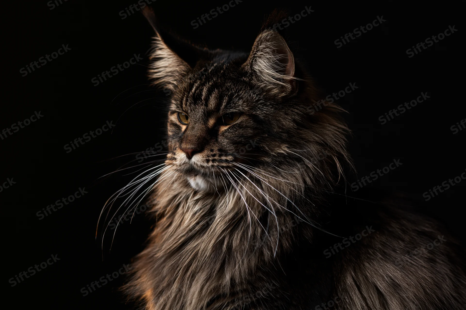 Maine coon cat in profile with intense gaze against dark background