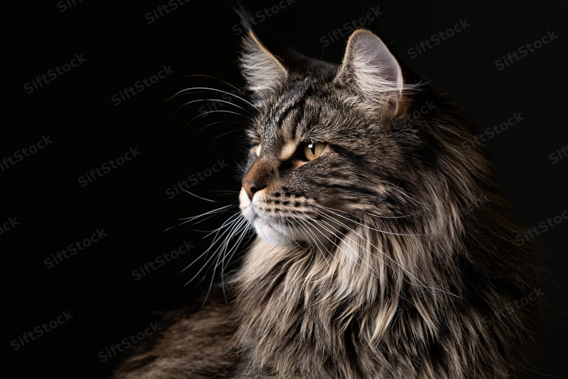 Maine coon cat in profile with long fur and alert gaze against dark background