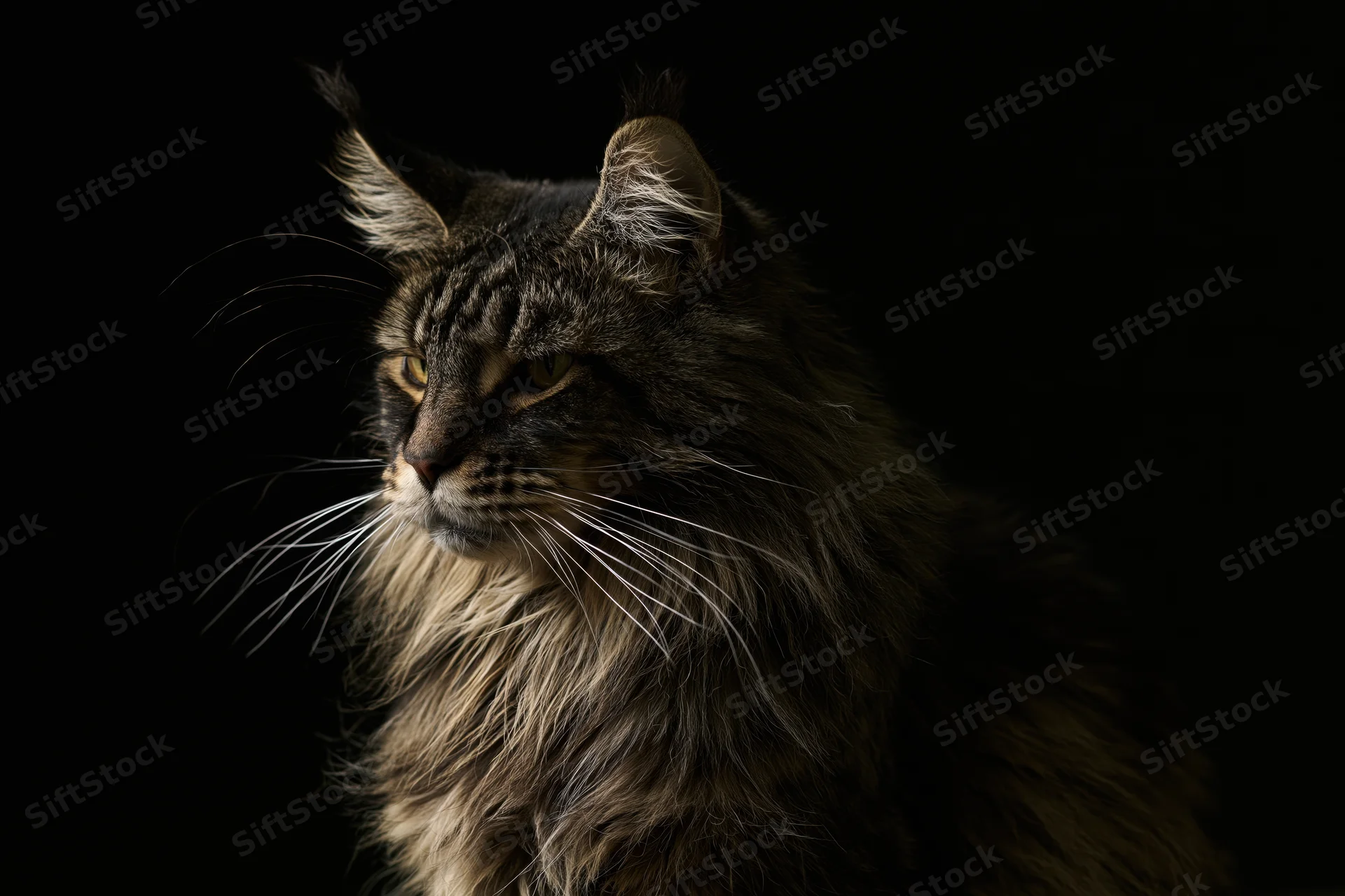 Maine coon cat in profile with alert gaze against dark background