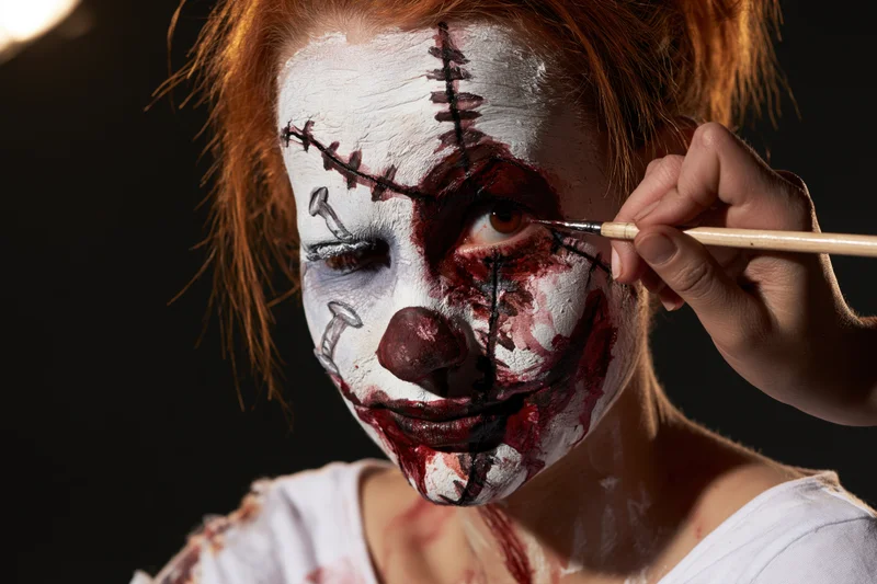 Woman applying detailed horror clown makeup with brush around eye in studio setting