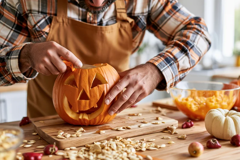 Man carving a jack-o-lantern on a wooden cutting board in a kitchen