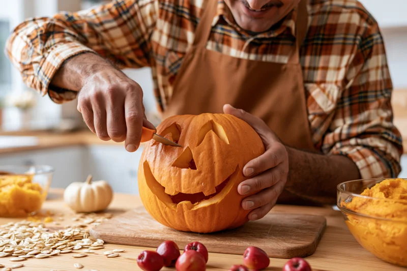 Man carving a jack-o-lantern on a wooden cutting board in a kitchen