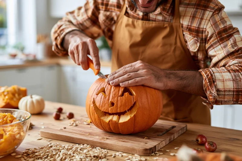 Man carving a pumpkin on a wooden cutting board in a kitchen