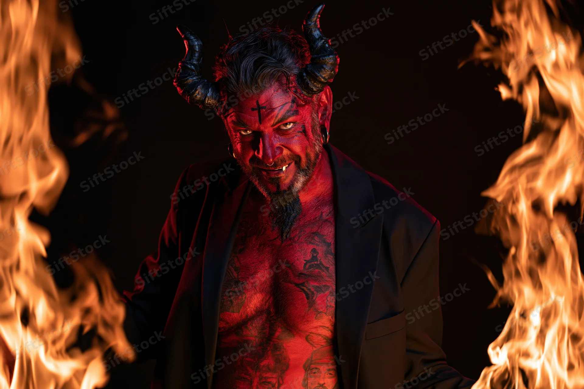 Man in devil costume with horns and tattoos standing between flames