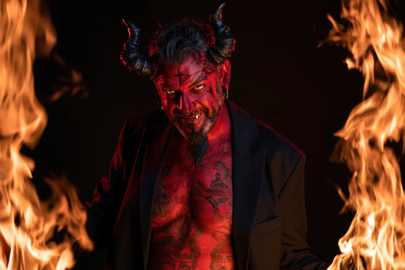 Man in devil costume with horns and tattoos standing between flames