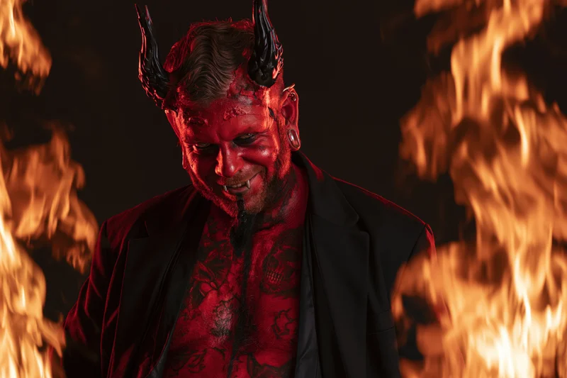 Man in devil costume with red skin and horns surrounded by flames