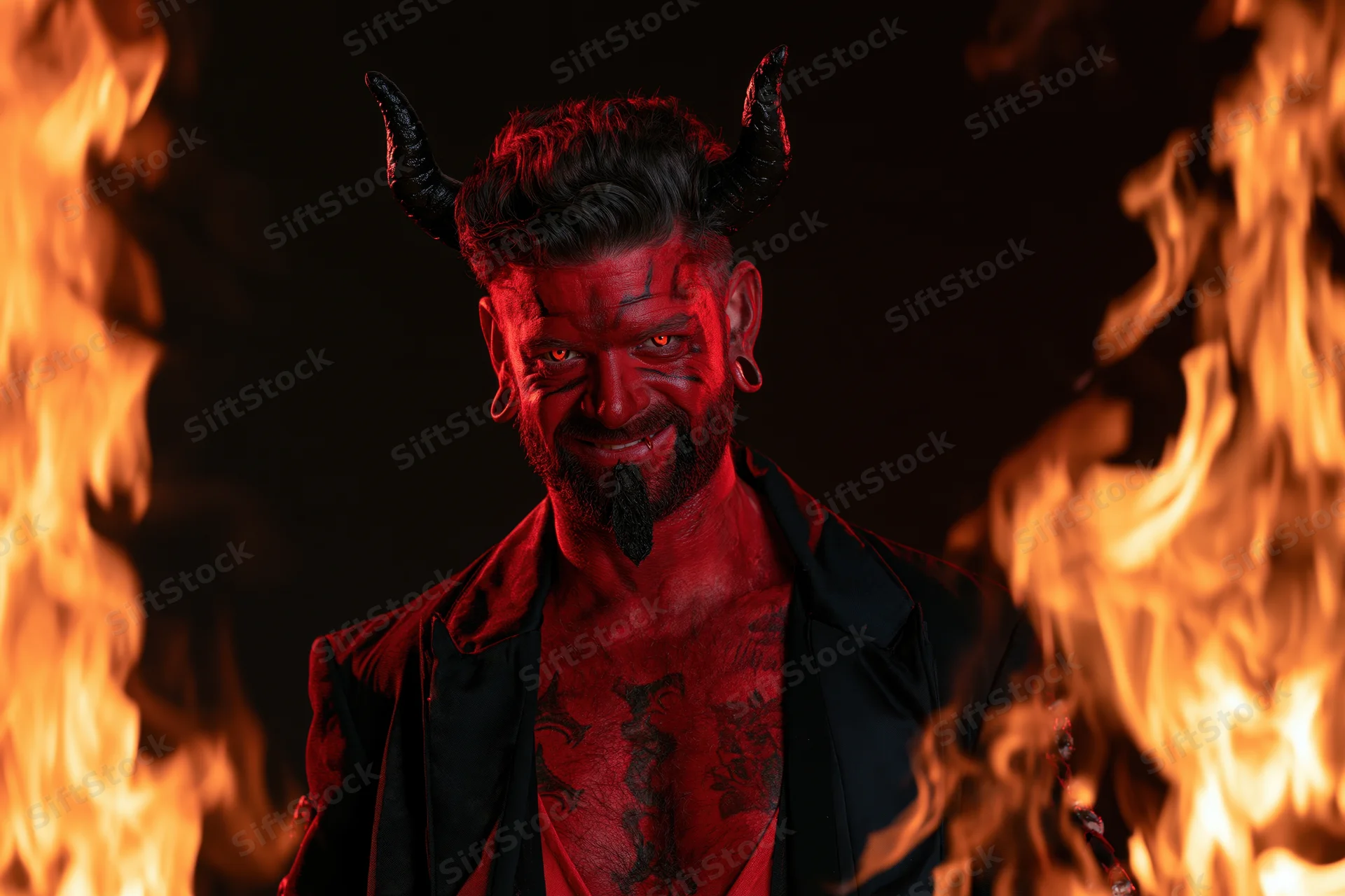 Man in devil costume with red body paint and horns smiling amidst flames