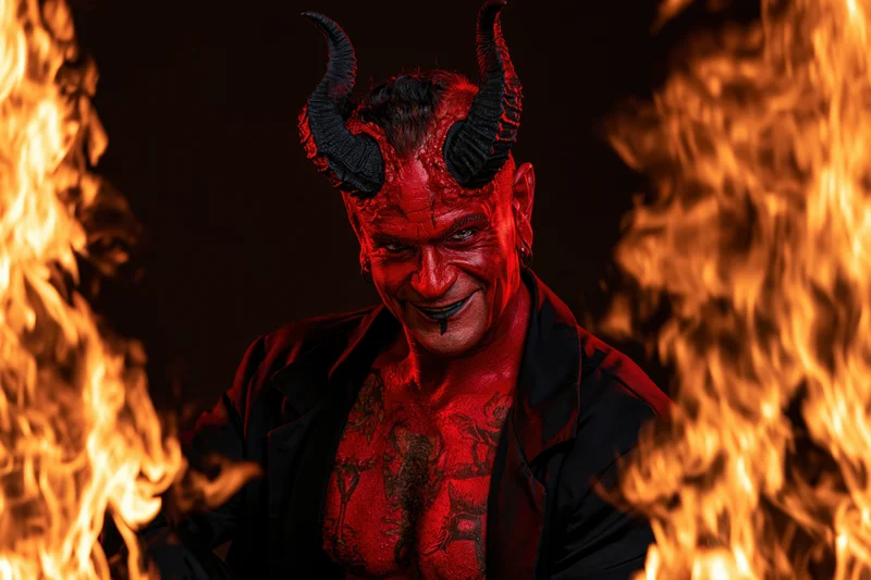 Man in red devil costume with horns smiling amidst flames