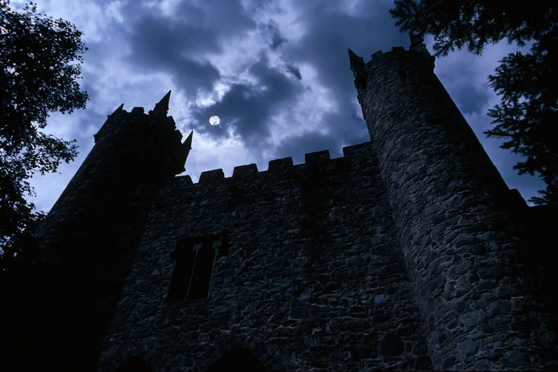 Medieval stone castle with pointed towers silhouetted against a cloudy night sky with moonlight