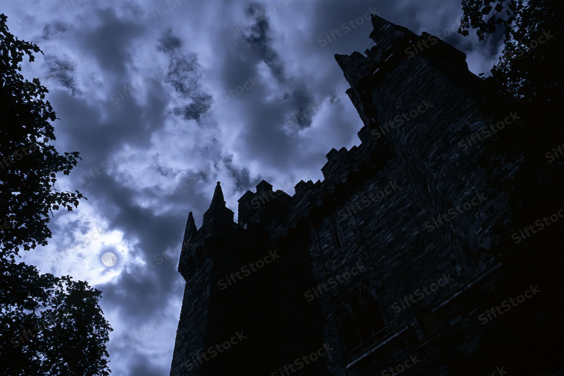 Medieval stone castle with pointed towers silhouetted against a cloudy night sky with moonlight