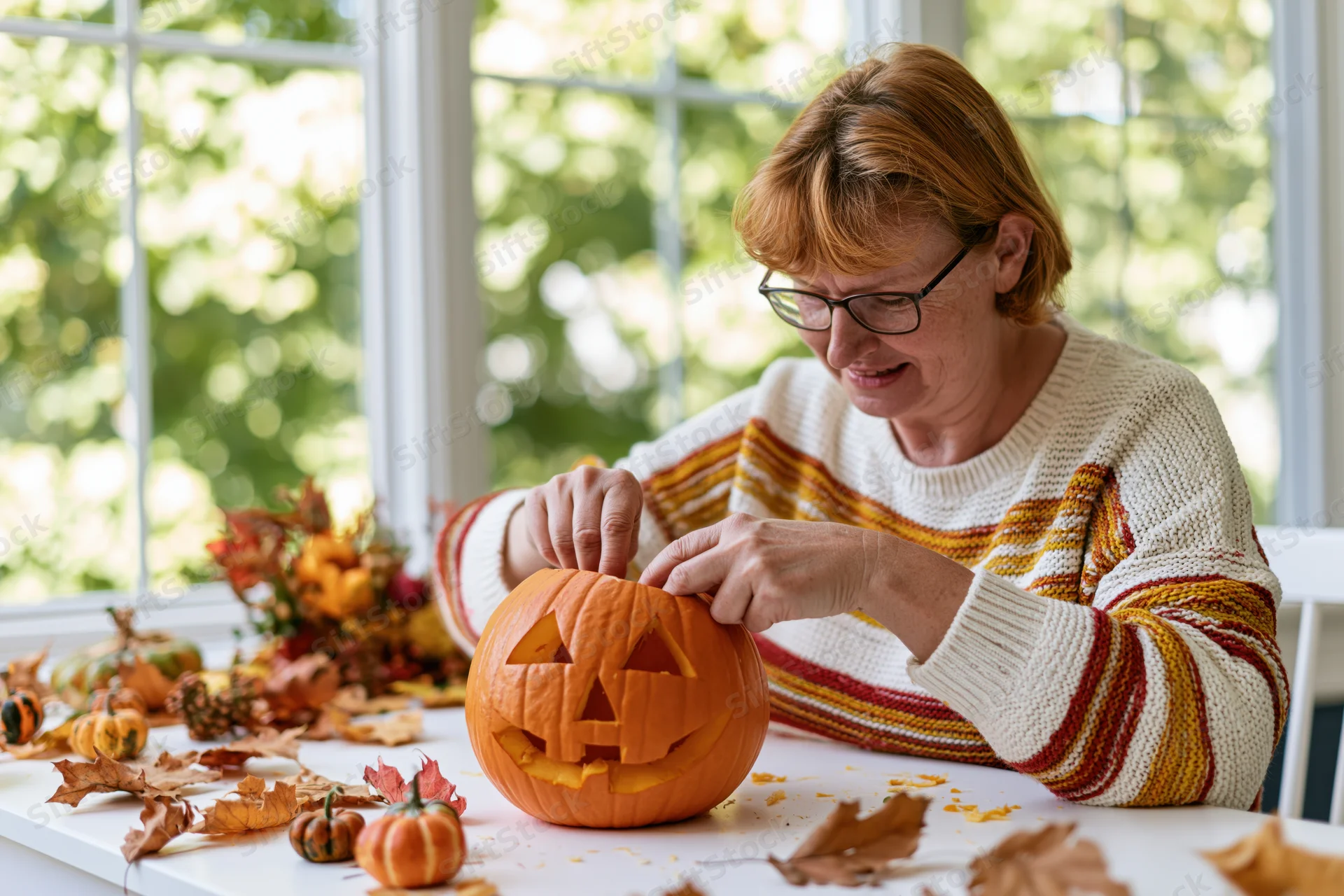 Woman carving a pumpkin at a table by a window surrounded by autumn leaves and small pumpkins