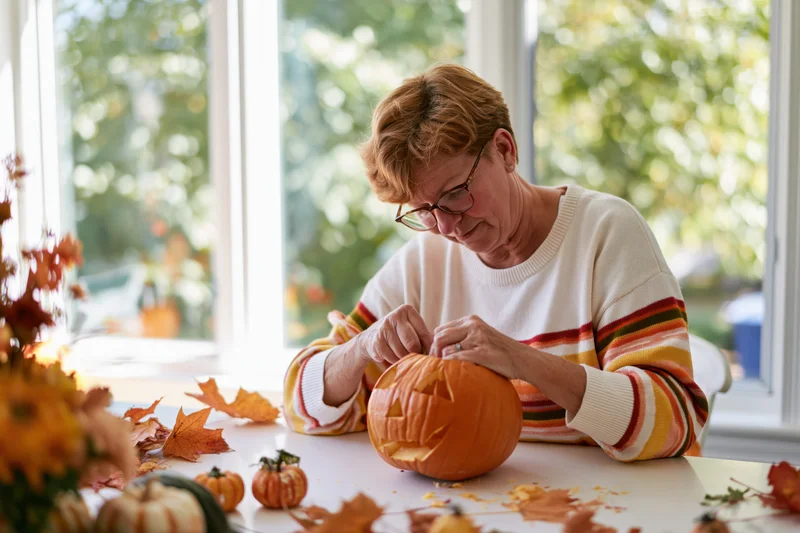 Woman carving a pumpkin at a table near a window with autumn leaves and small pumpkins around