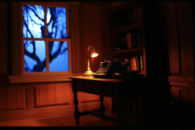 Miniature dollhouse study room at night with wooden desk, typewriter and lamp by window