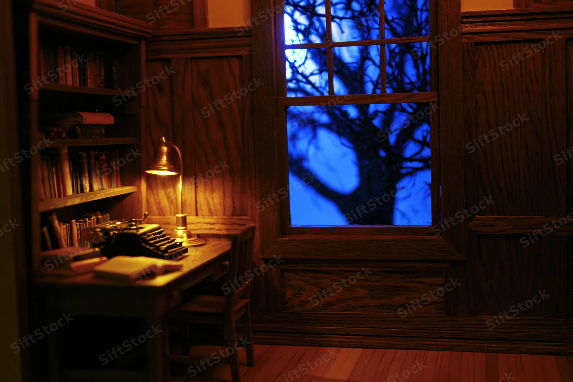 Miniature dollhouse study room at night with wooden desk, typewriter and lamp, bookshelf, window showing dark blue tree branches