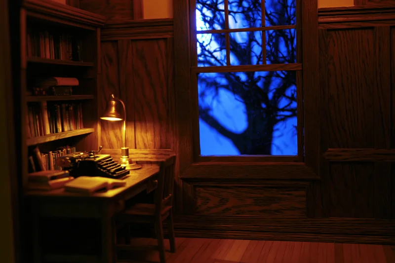Miniature dollhouse study room at night with wooden desk, typewriter and lamp, bookshelf, window showing dark blue tree branches