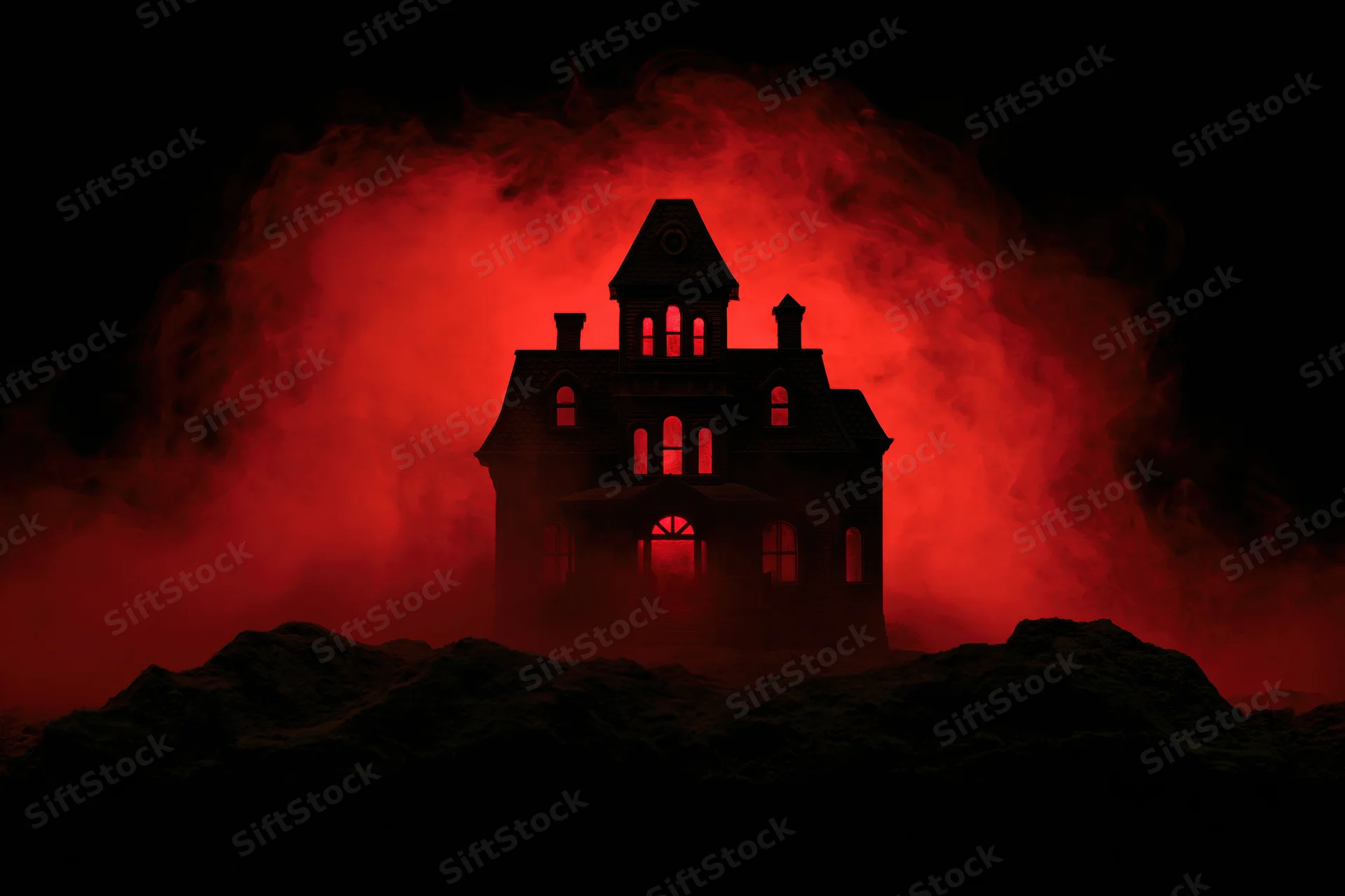 Miniature haunted house glowing red from within against dark smoky background