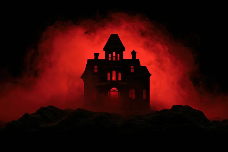Miniature haunted house glowing red from within against dark smoky background