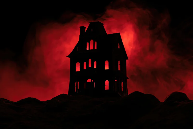Miniature haunted house glowing red from within on rocky ground at night
