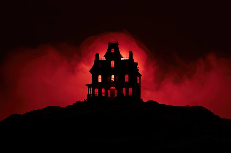 Miniature haunted house glowing red from within on a hill at night