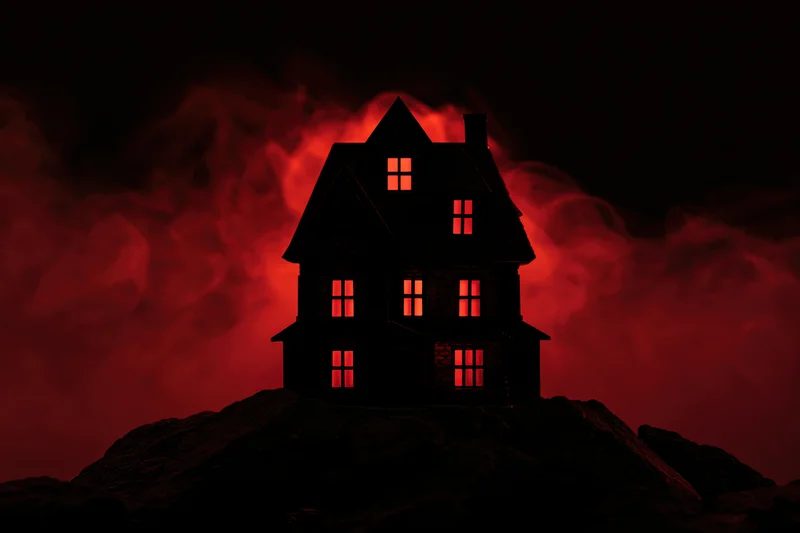 Miniature haunted house model glowing red from windows on rocky base against dark smoky background