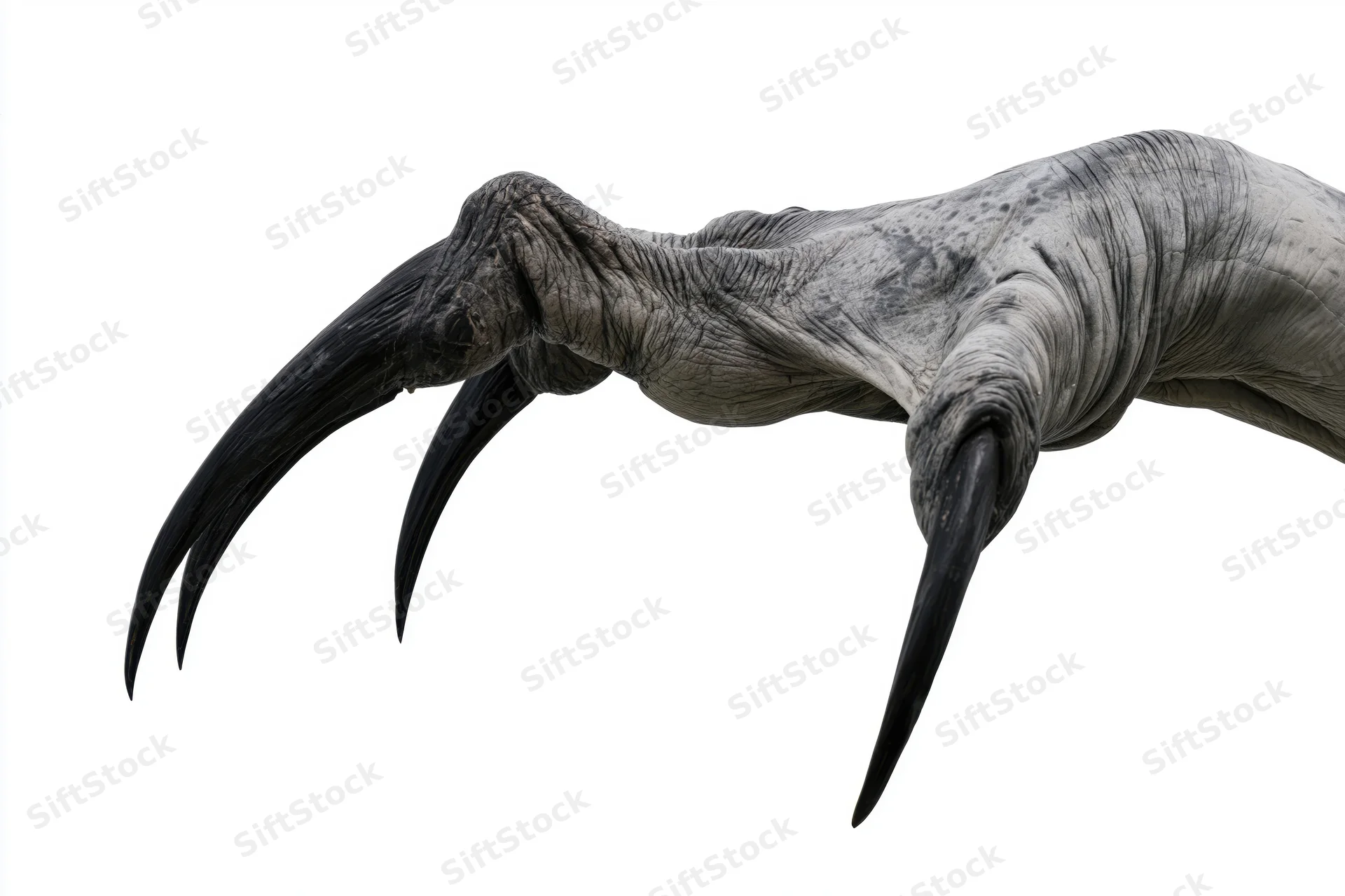Monster claw hand reaching downward with long sharp talons isolated on white