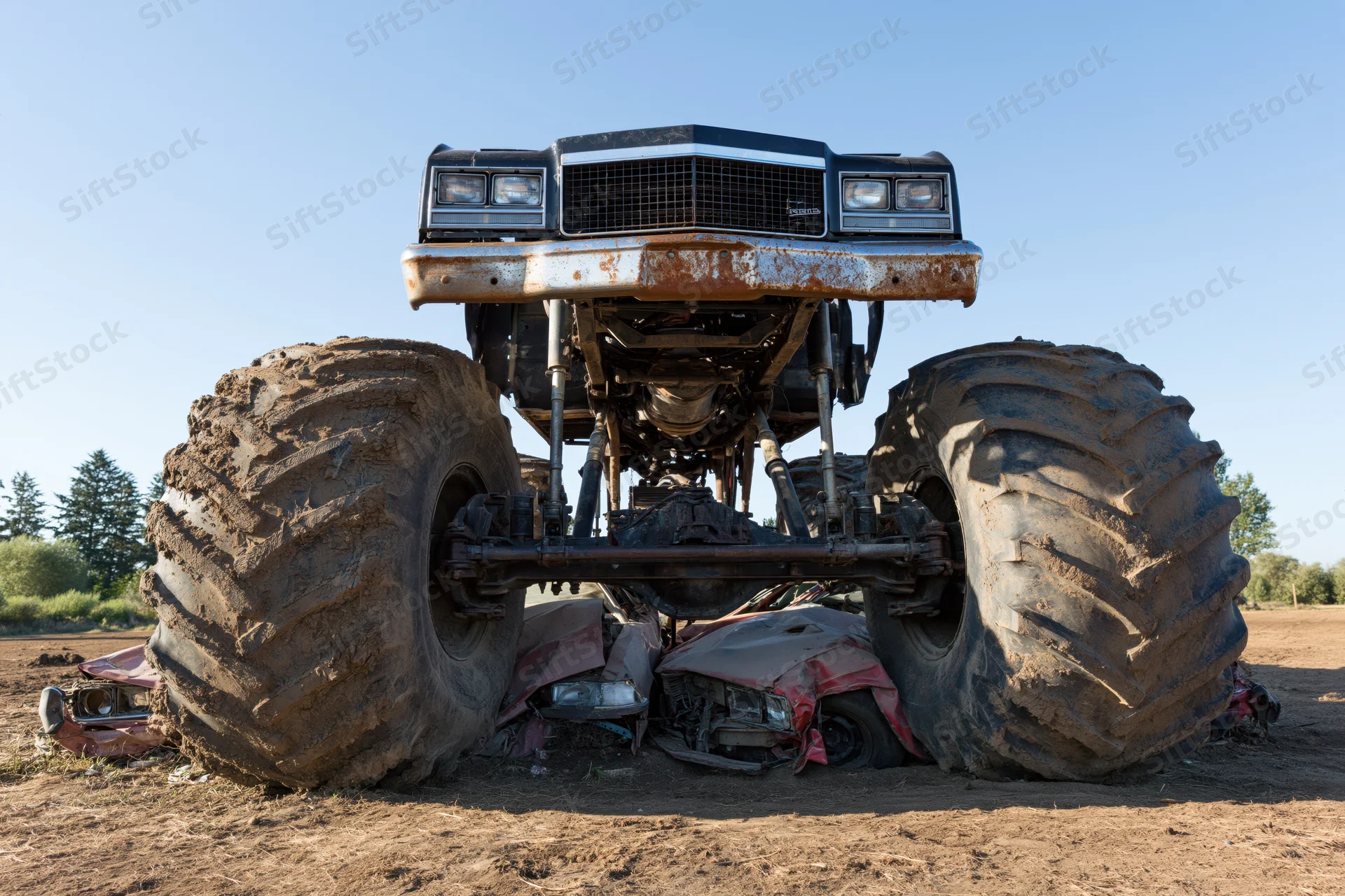 Monster truck with massive mud-caked tires crushing two flattened cars in a dirt field