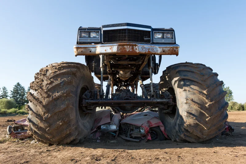 Monster truck with massive mud-caked tires crushing two flattened cars in a dirt field