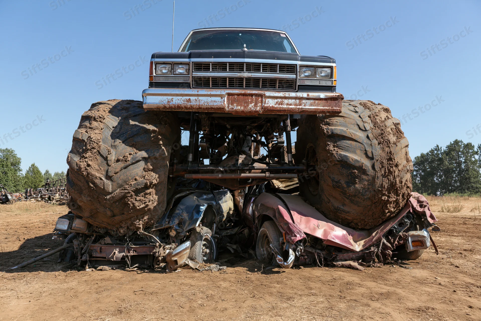 Monster truck with massive mud-caked tires crushing two cars in a dirt field