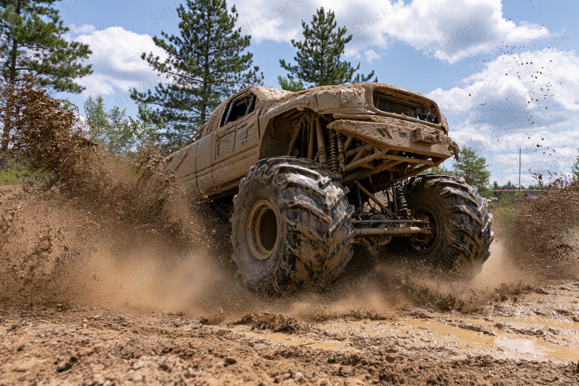 Mud-caked monster truck with oversized knobby tires tearing through muddy terrain in forested outdoor setting