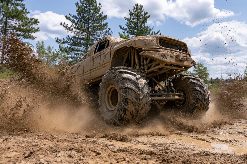 Mud-caked monster truck with oversized knobby tires tearing through muddy terrain in forested outdoor setting