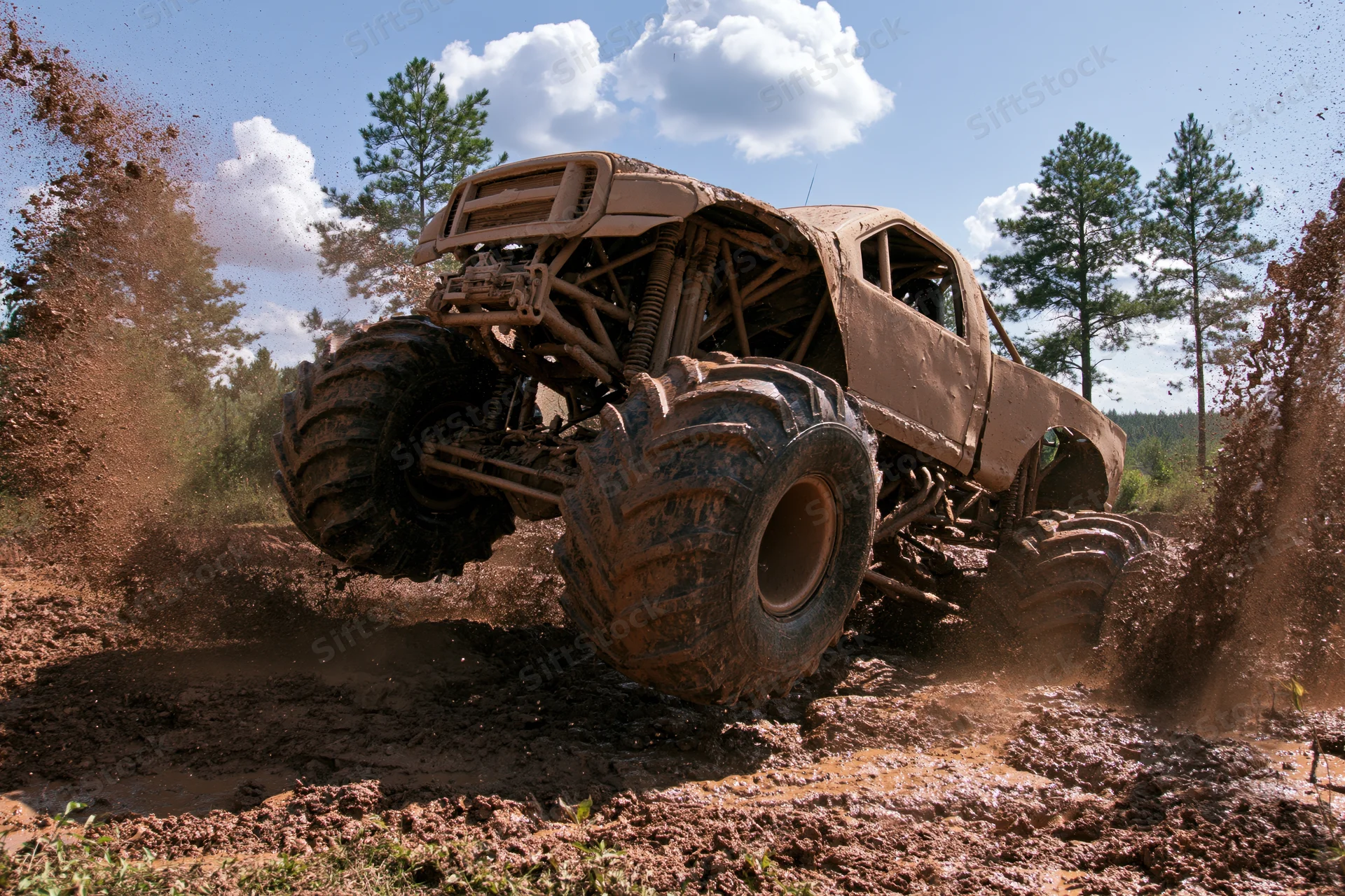 Mud-caked monster truck with oversized knobby tires tearing through deep mud in a forested area during daytime