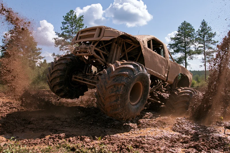 Mud-caked monster truck with oversized knobby tires tearing through deep mud in a forested area during daytime