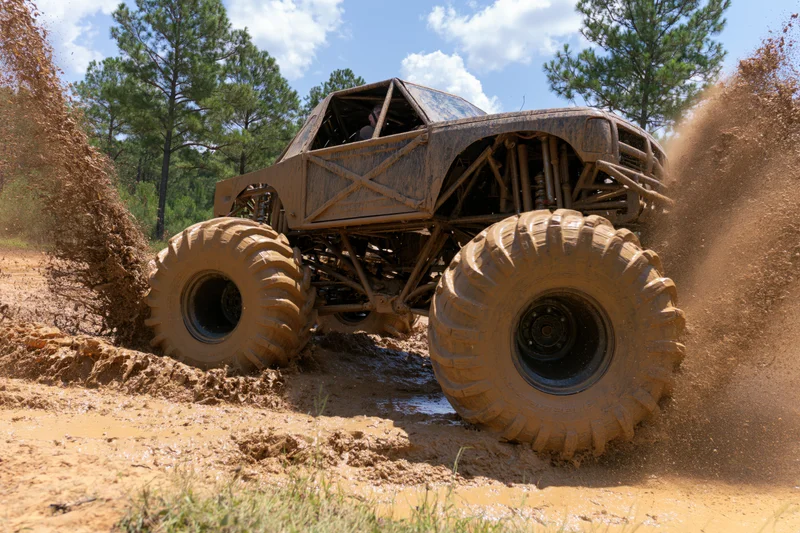 Mud-caked monster truck with oversized knobby tires tearing through deep mud in a forested area