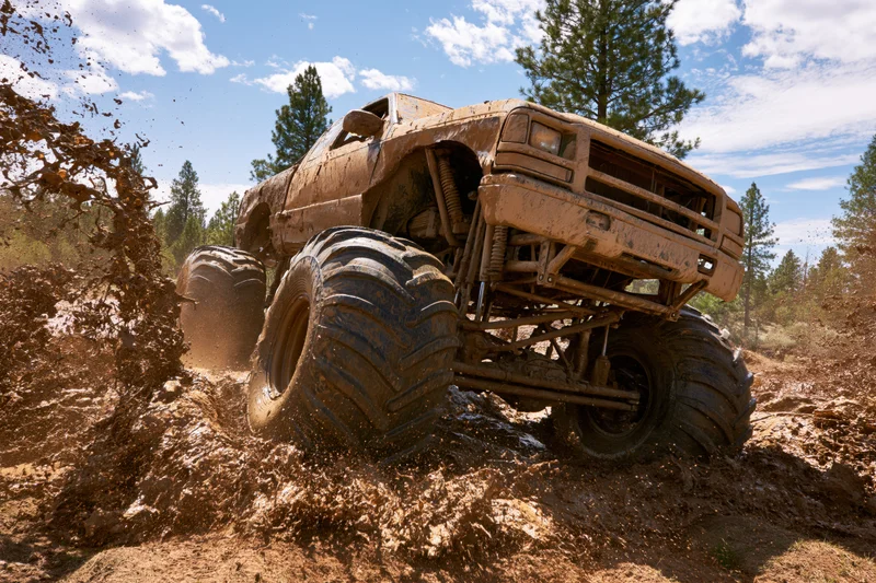 Mud-caked monster truck driving through deep mud in a forested area