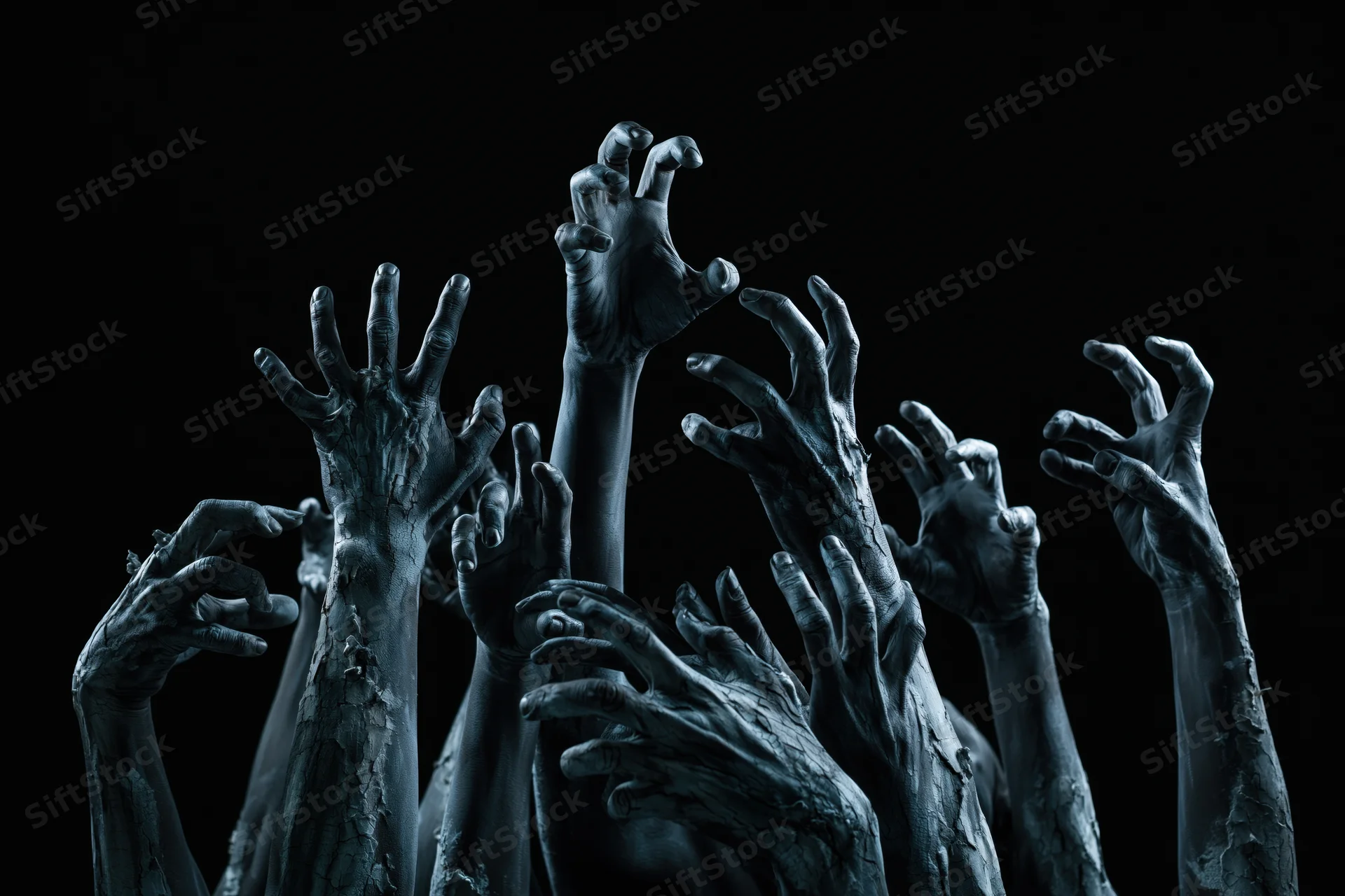 Decayed zombie hands reaching upward from darkness