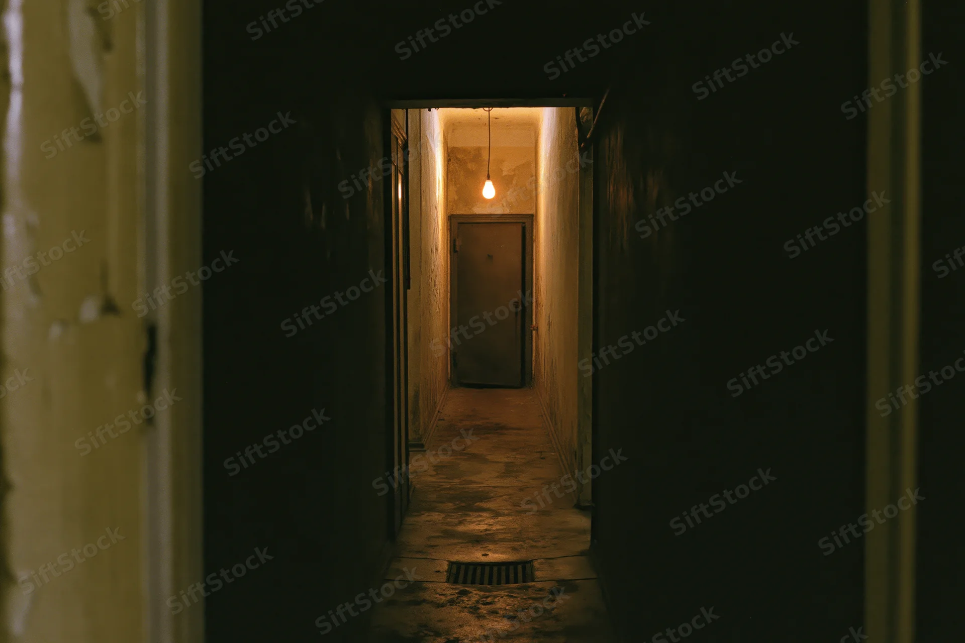 Narrow abandoned hallway receding toward a single metal door under dim warm light
