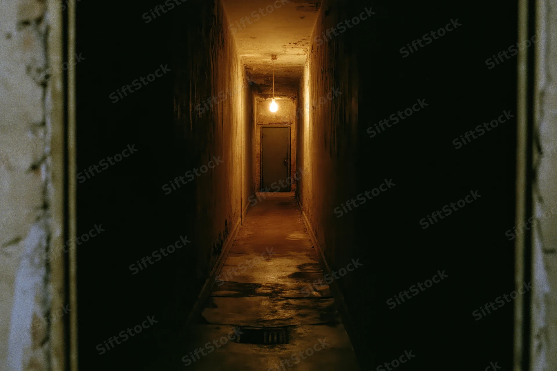 Narrow abandoned hallway receding toward a single metal door under dim hanging light