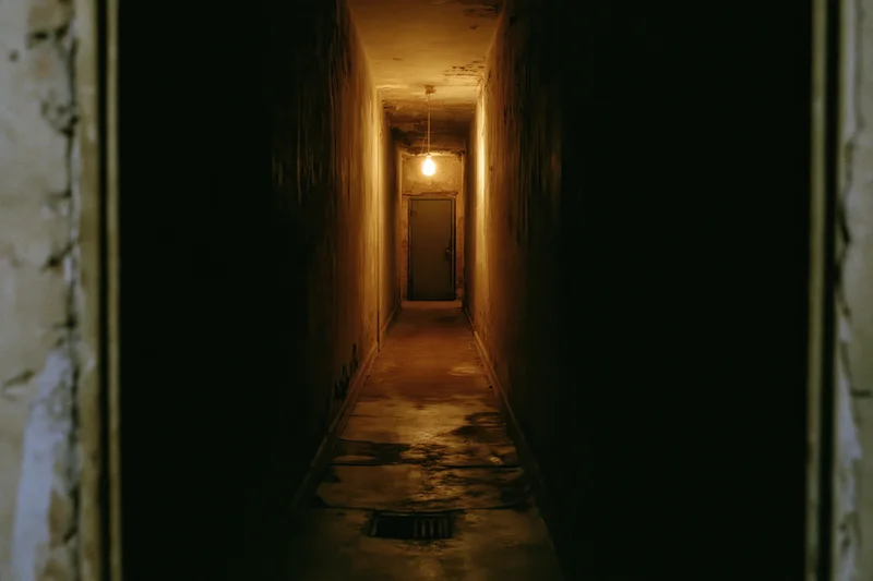 Narrow abandoned hallway receding toward a single metal door under dim hanging light