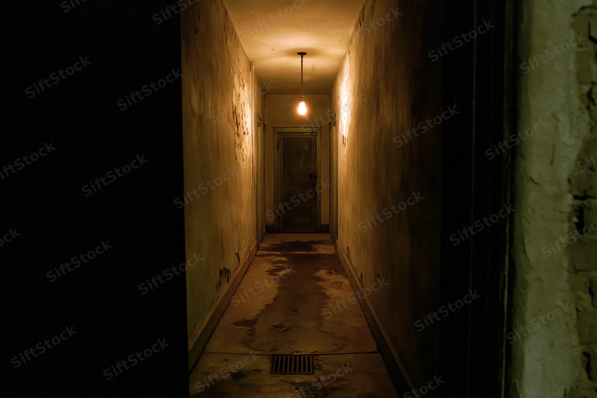 Narrow abandoned hallway with peeling walls and single hanging bulb leading to metal door