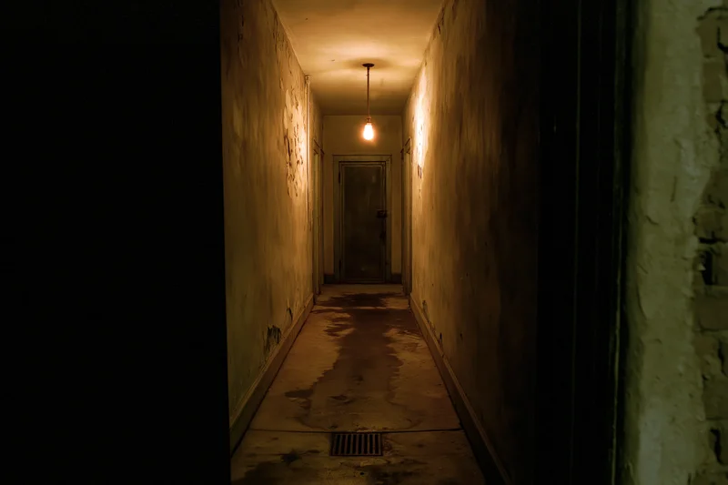 Narrow abandoned hallway with peeling walls and single hanging bulb leading to metal door