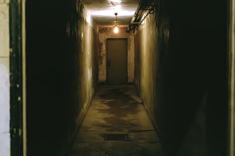 Narrow abandoned hallway receding toward a single metal door at the end