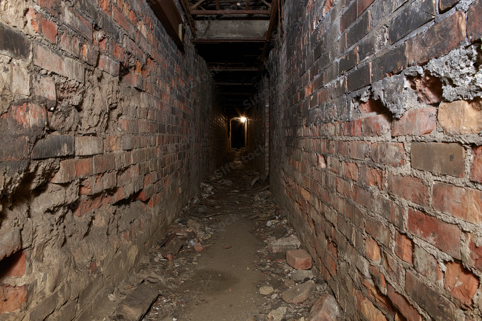 Narrow abandoned underground brick tunnel stretching into darkness with light at far end