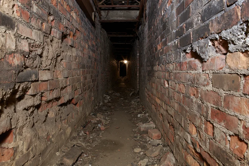Narrow abandoned underground brick tunnel stretching into darkness with light at far end
