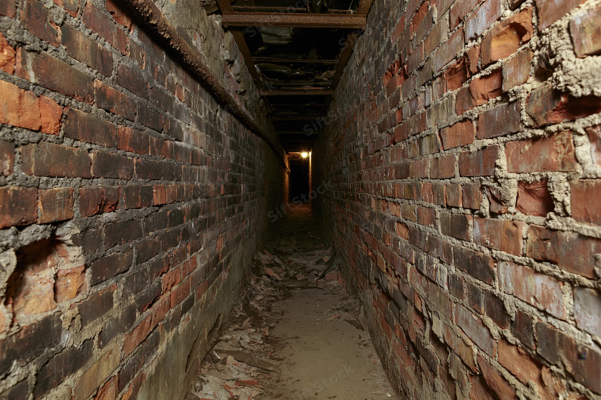 Narrow abandoned underground brick tunnel stretching into darkness with crumbling walls and debris on the floor