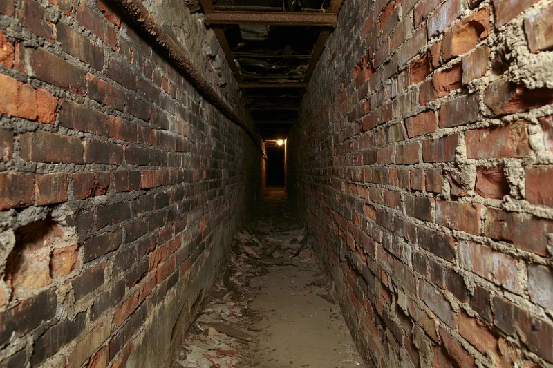 Narrow abandoned underground brick tunnel stretching into darkness with crumbling walls and debris on the floor