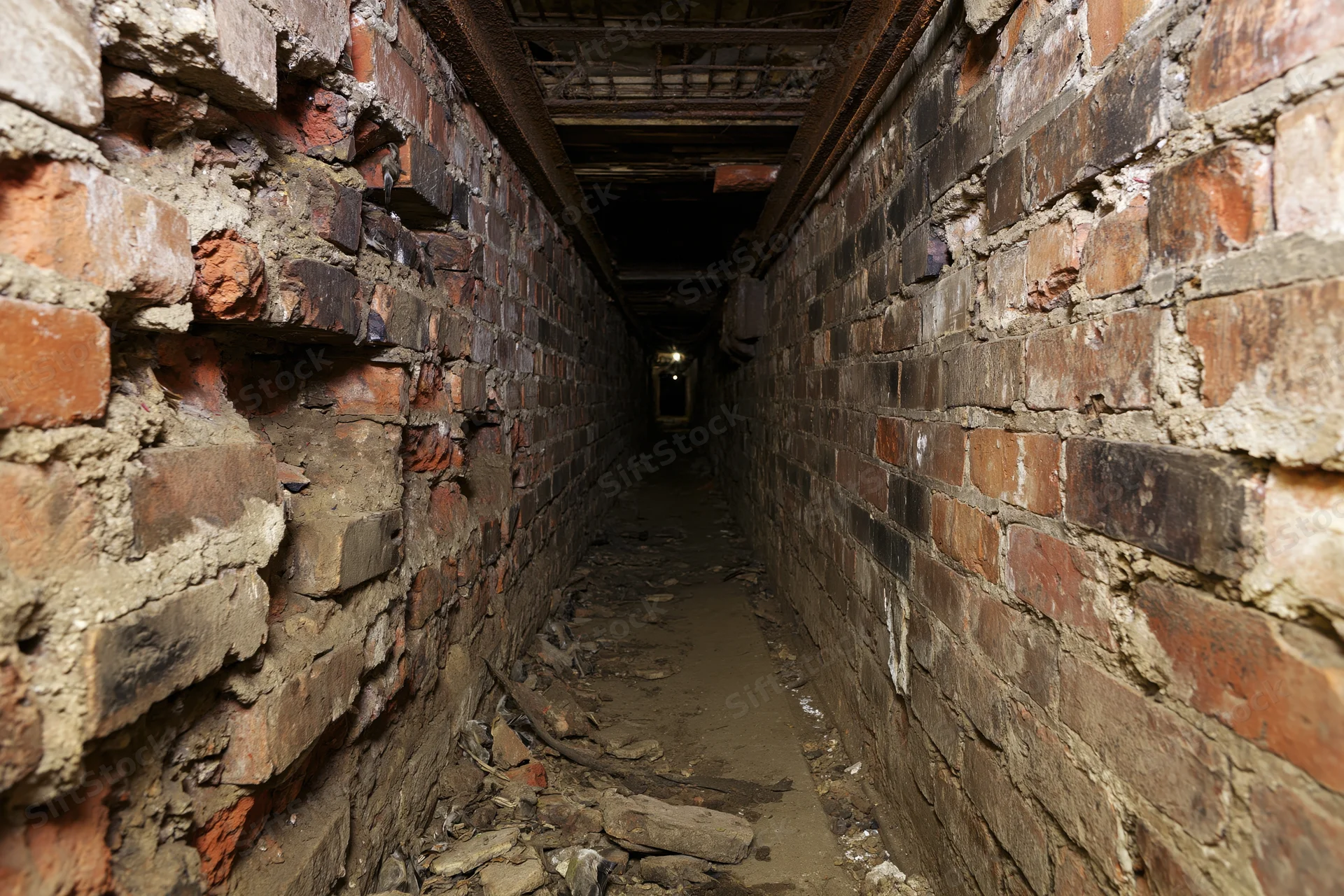 Narrow abandoned underground brick tunnel stretching into darkness with crumbling walls and debris on the floor